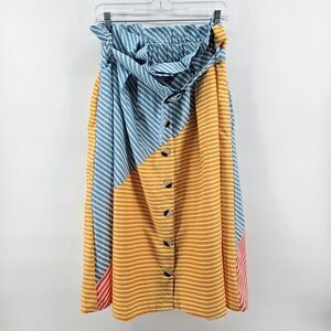 Her Destiny Striped Colorblock Skirt Medium Yellow Blue Paperbag Waist NWOT